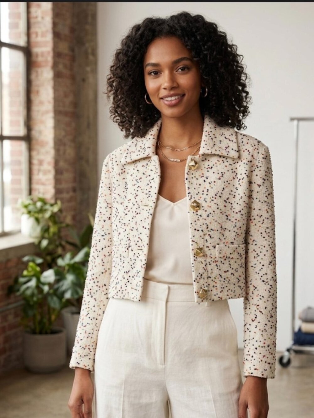 Express Tweed Cropped Jacket - Size XS - Cream/Multicolor (Excellent Condition)